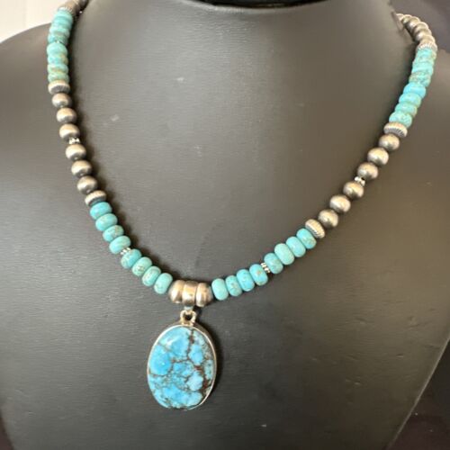 Navajo Blue Spiderweb Turquoise Pendant Necklace | Sterling Silver | Authentic Native American Handmade | 16649