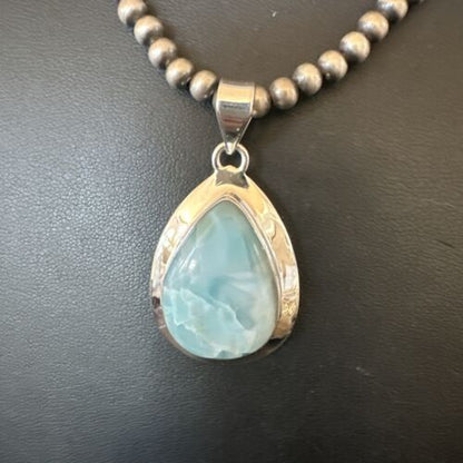 Navajo Blue Larimar Pendant Necklace | Sterling Silver Beads | Authentic Native American Handmade | 17630