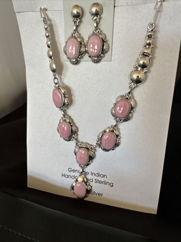 Navajo Pink Conch Choker Necklace | Sterling Silver Pendant 18" | Earrings Set | Authentic Native American Handmade