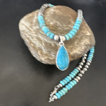 Navajo Blue Turquoise Pendant Necklace | Sterling Silver | Authentic Native American Handmade | 16652