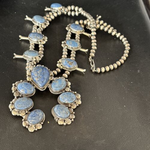 Navajo Sterling Silver Denim Lapis Pendant Necklace | Naja Squash Blossom | Authentic Native American Handmade | 15033