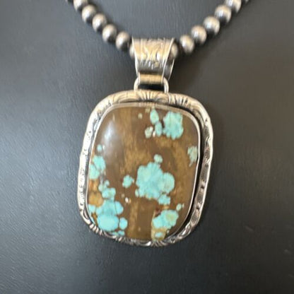 Navajo Blue Turquoise #8 Pendant | Sterling Silver Necklace with Pearls | Authentic Native American Handmade | 16350
