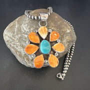 Navajo Blue Turquoise | Spiny Oyster Pendant Necklace | Sterling Silver | Multi-Stone | 16863