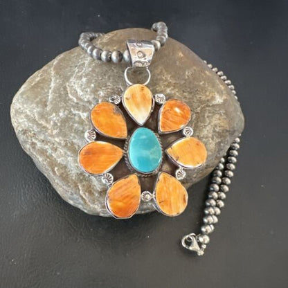 Navajo Blue Turquoise | Spiny Oyster Pendant Necklace | Sterling Silver | Multi-Stone | 16863