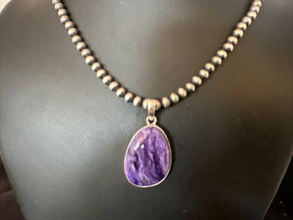 Navajo Pearls Purple Charoite Pendant Necklace | Sterling Silver Beads | Authentic Native American Handmade | 15517