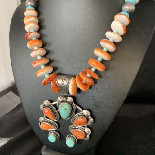 Orange Spiny Turquoise Naja Navajo Pendant Necklace | Sterling Silver | 30" | Authentic Native American Handmade | 14007