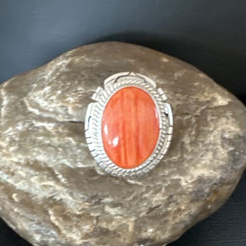 Women's Orange Spiny Oyster Navajo Ring | Sterling Silver | Sz 8 | Authentic Native American Handmade | 16034