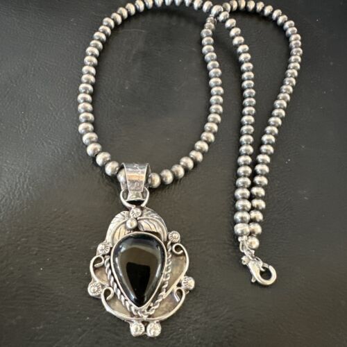Navajo Pearls Black Onyx Necklace Pendant | Sterling Silver | Authentic Native American Handmade | 16525