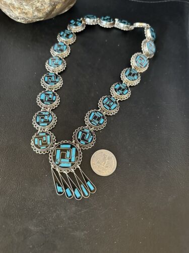 Navajo Sterling Silver Turquoise Onyx Choker Necklace | Inlay Pendant | 18" | 15535