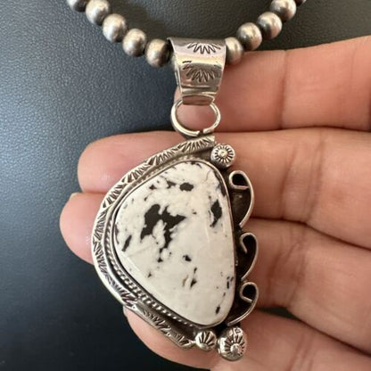 Navajo White Buffalo Turquoise Pendant Necklace | Sterling Silver Pearls | Authentic Native American | 17111