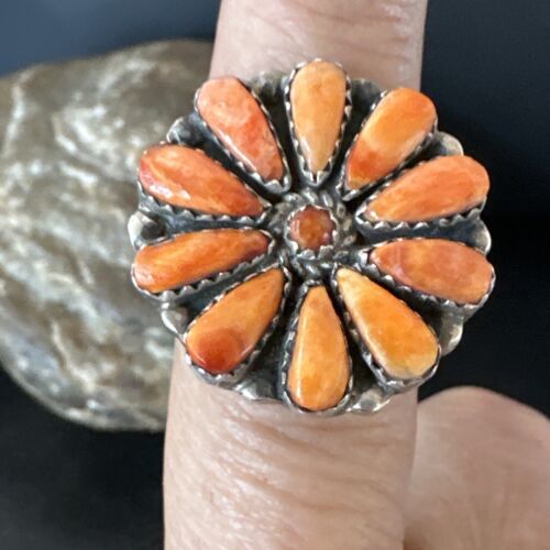 Navajo Orange Spiny Oyster Cluster Ring | Authentic Native American Sterling Silver | Multi-Stone | Sz 8 | 16331