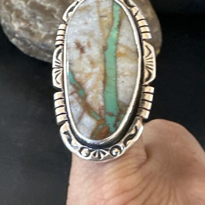 Navajo Ribbon Boulder Green Turquoise Ring | Sterling Silver | Sz 9 | Authentic Native American Handmade | 16252