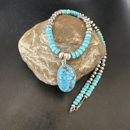 Men's Blue Spiderweb Turquoise Pendant Necklace | Navajo Sterling Silver | Authentic Native American Handmade | 16647