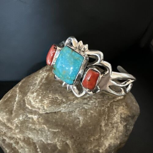 Kingman Turquoise Coral Cuff Bracelet | Navajo Tufa Cast | Sterling Silver | Authentic Native American Handmade | 16779