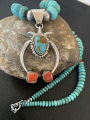 Navajo Blue Turquoise Coral Naja Pendant Necklace | Sterling Silver | Authentic Native American Handmade | 02082
