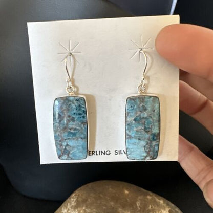Navajo Blue Turquoise Dangle Earrings | Sterling Silver | Authentic Native American Handmade | 15437