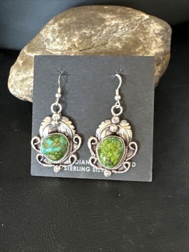 Navajo Green Sonoran Gold Turquoise Dangle Earrings | Sterling Silver | Authentic Native American Handmade | 14914