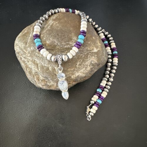 Navajo White Mother of Pearl, Turquoise, Sugilite Pendant Necklace | Sterling Silver | 16929