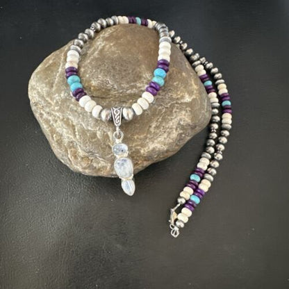 Navajo White Mother of Pearl, Turquoise, Sugilite Pendant Necklace | Sterling Silver | 16929