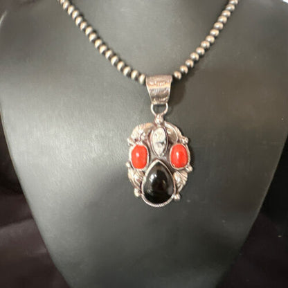 Navajo White Buffalo Coral Onyx Pearls Cluster Pendant | Sterling Silver | Native American Handmade | 15369