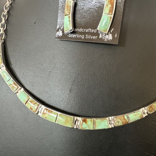 Navajo Choker Necklace with Blue #8 Turquoise Inlay | Sterling Silver Earrings Set | Native American Handmade | 16265