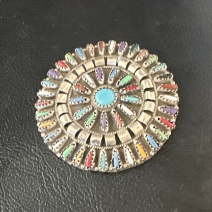 Zuni Multi-Color Turquoise Needle Point Wheel Pin Pendant | Sterling Silver | Authentic Native American Handmade | 15154