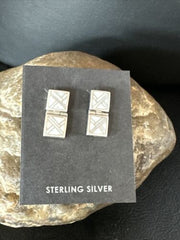 Navajo White Buffalo Turquoise Inlay Post Earrings | Sterling Silver | Authentic Native American Handmade | 15312