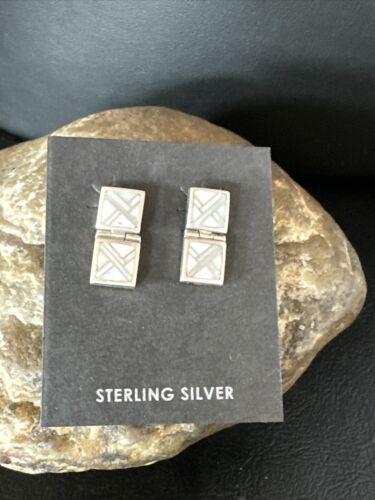 Navajo White Buffalo Turquoise Inlay Post Earrings | Sterling Silver | Authentic Native American Handmade | 15312