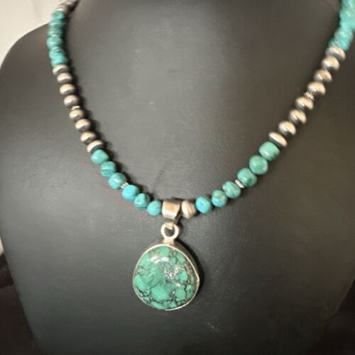 Men's Blue Spiderweb Turquoise Pendant Necklace | Navajo Sterling Silver | Authentic Native American Handmade | 17086