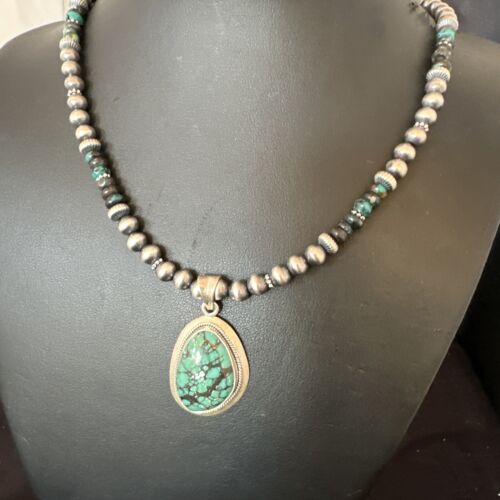 Men's Navajo Blue Spiderweb Turquoise Pendant Necklace | Sterling Silver | Native American Handmade | 16240