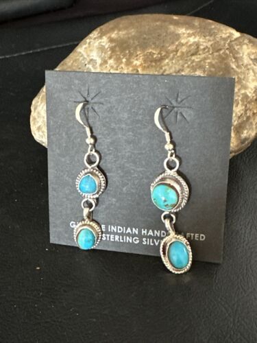 Kingman Turquoise Dangle Earrings | Navajo Sterling Silver | Authentic Native American Handmade | 14871