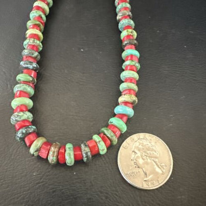 Navajo Green Turquoise and Round Coral Necklace | Sterling Silver | 18" | Authentic Native American Handmade | 17580 - Masha USA