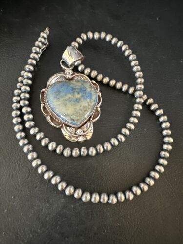 Men's Blue Heart Denim Lapis Pendant | Navajo Pearls Sterling Silver Necklace 21" | 15522