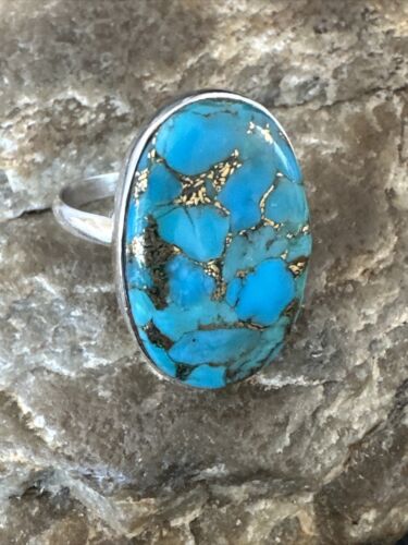 Navajo Blue Mojave Turquoise Ring | Sterling Silver | Adjustable Sz 8 | Authentic Native American Handmade | 15712