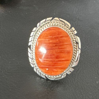 Navajo Orange Spiny Oyster Ring | Sterling Silver | Sz 7.5 | Authentic Native American Handmade | 16030