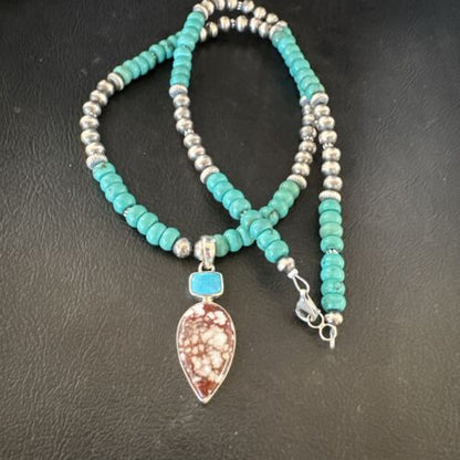 Navajo Wild Horse | Blue Kingman Turquoise Pendant Necklace | Sterling Silver | Native American Handmade | 17578