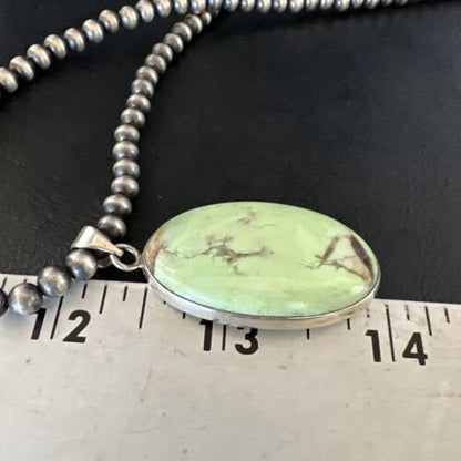 Navajo Green Gaspeite Pendant Necklace | Sterling Silver | Authentic Native American Handmade | 15487