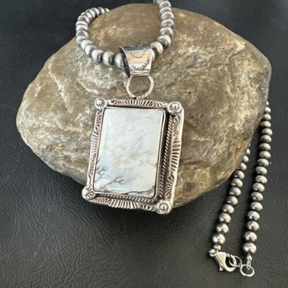 White Buffalo Turquoise Pendant | Navajo Pearls Sterling Silver Necklace | Authentic Native American Handmade | 17104