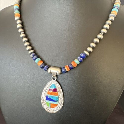 Navajo Spiny Oyster Turquoise Lapis Inlay Pendant Necklace | Sterling Silver | 21" | Authentic Native American Handmade | 16629