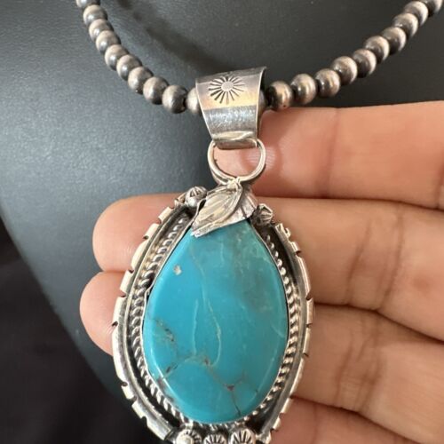 Men's Blue Kingman Turquoise Pendant Necklace | Navajo Pearls | Sterling Silver | 16019