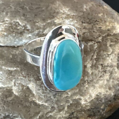 Navajo Sterling Silver Blue Kingman Turquoise Ring | Sz 8.5 | Authentic Native American Handmade | 16594