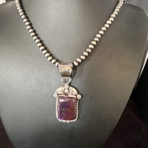 Navajo Pearls Purple Sugilite Pendant Necklace | Sterling Silver Beads | Authentic Native American Handmade | 15378