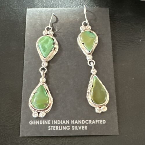 Navajo Green Royston Turquoise Dangle Earrings | Sterling Silver | Authentic Native American Handmade | 17142