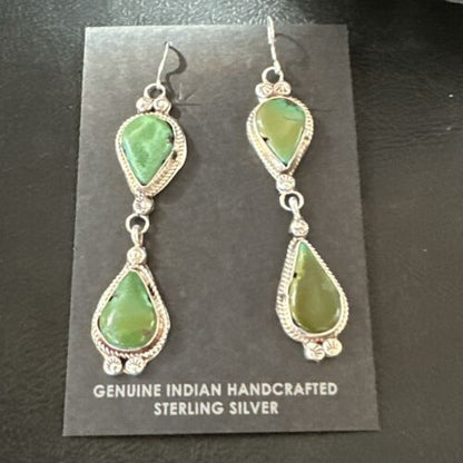 Navajo Green Royston Turquoise Dangle Earrings | Sterling Silver | Authentic Native American Handmade | 17142