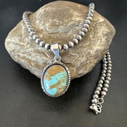 Navajo Blue Turquoise #8 Pendant | Sterling Silver Necklace with Pearls | Authentic Native American Handmade | 16353