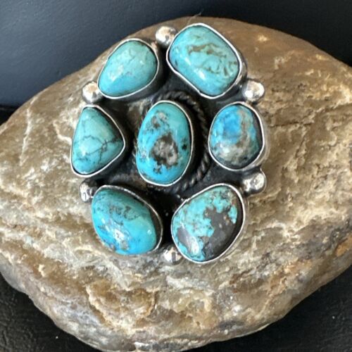 Navajo Blue Kingman Turquoise Cluster Ring | Authentic Native American Sterling Silver | Multi-Stone | Sz 10 | 17644