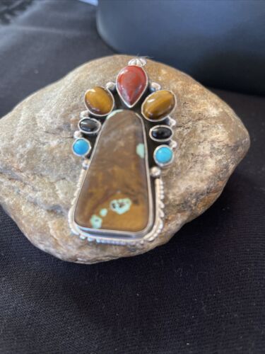 Navajo Sterling Silver Pendant | Turquoise #8, Onyx, Tigers Eye | Authentic Native American Handmade | 16835