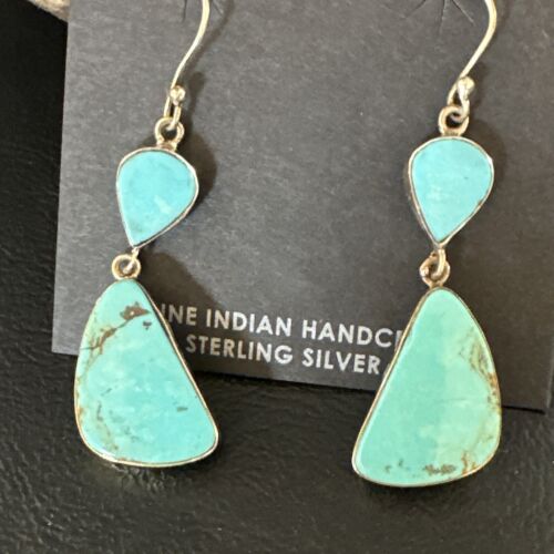 Navajo Blue Kingman Turquoise Dangle Earrings | Sterling Silver | Authentic Native American Handmade | 15102