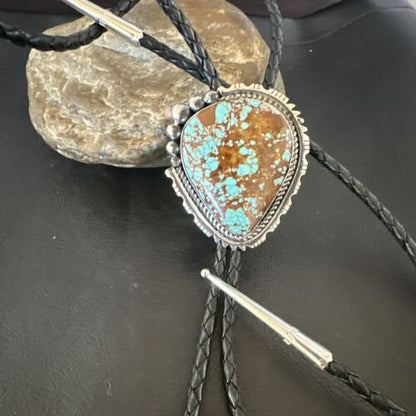 Men's Blue Turquoise #8 Bolo Tie | Navajo Sterling Silver | Authentic Native American Handmade | 16811