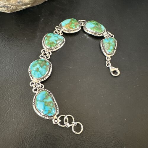 Navajo Green Sonoran Gold Turquoise 6-Stone Link Bracelet | Sterling Silver | Authentic Native American Handmade | 16373